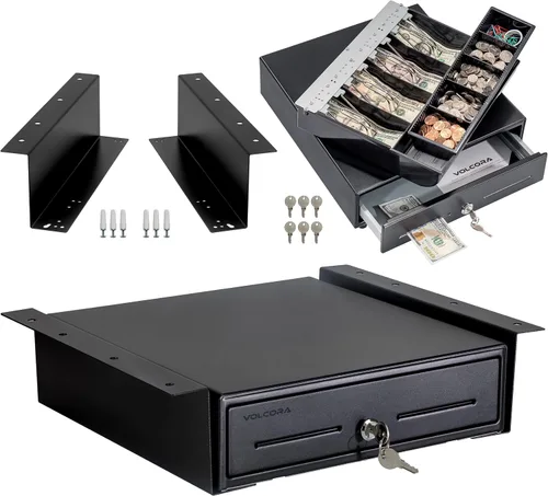 Volcora Cajón de caja registradora con soporte de metal de montaje debajo del mostrador, cajón de efectivo negro de 13 pulgadas para POS, bandeja de