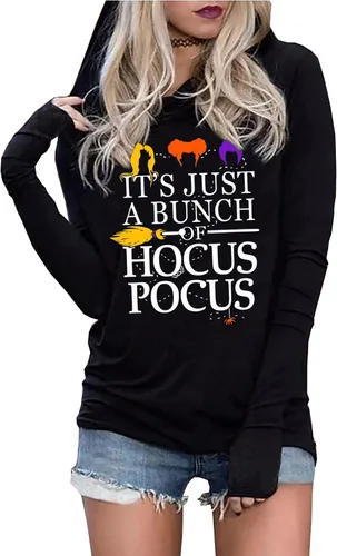 Vista 9 de Susongeth Halloween Sanderson Sisters - Sudadera con capucha para mujer, diseño de Hocus Pocus, de manga larga, ligera, sin botones Negro