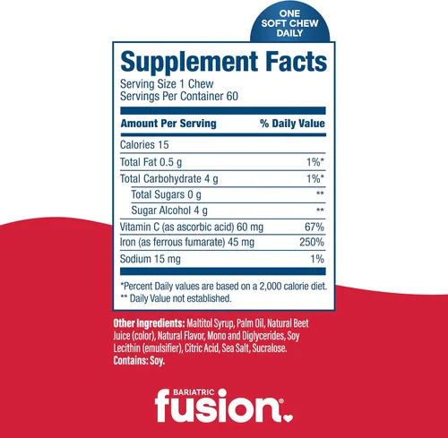 Vista 4 de Bariatric Fusion Suplemento de hierro bariátrico con sabor a fruta de cereza, masticable suave con vitamina C para pacientes bariátricos, incluyendo