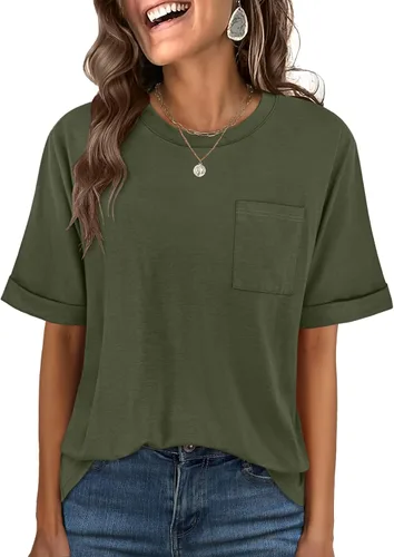 Vista 14 de ANRABESS - Camiseta de manga corta para mujer, estilo oversized, casual, suelta, básica, para verano, con bolsillo Caqui