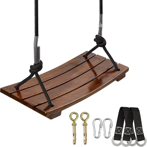 Vista 8 de PELLOR - Columpio de madera para niños, columpio de madera curvada para patio trasero, columpio de madera carbonizada colgante de carga de 220