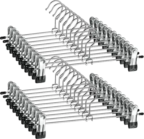 ZOBER Perchas de metal para pantalones con clips, paquete de 20 perchas para faldas que ahorran espacio para mujer, cromadas, antideslizantes, clips