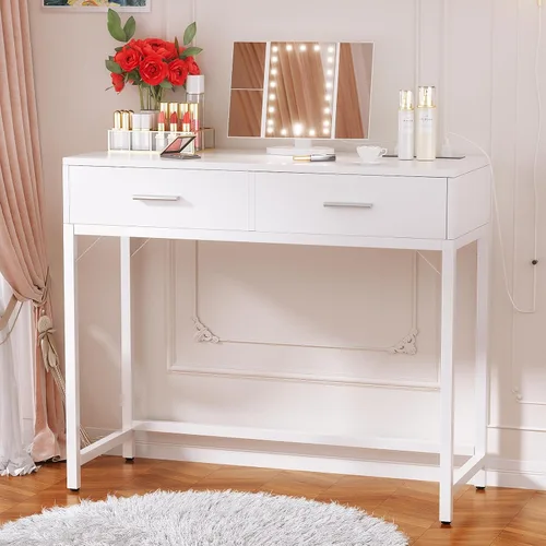 Vista 11 de Escritorio de tocador pequeño, escritorio de tocador con espejo y luces, escritorios de maquillaje con regleta eléctrica, mesa de tocador