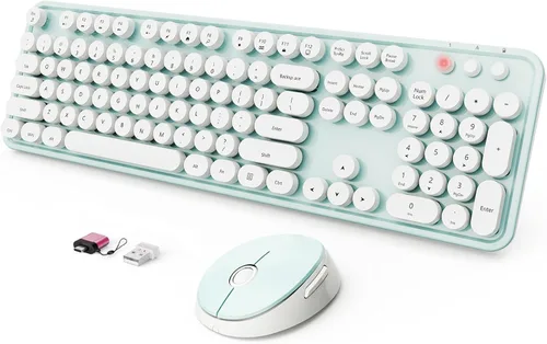 Vista 17 de Combo de teclado y mouse inalámbricos, teclado ergonómico de tamaño completo con diseño retro tipo máquina de escribir, con teclas redondas, Blanco