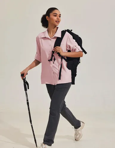 Vista 3 de Pinspark Camisa de manga larga UPF 50+ para mujer, de secado rápido, con bolsillos Rosado