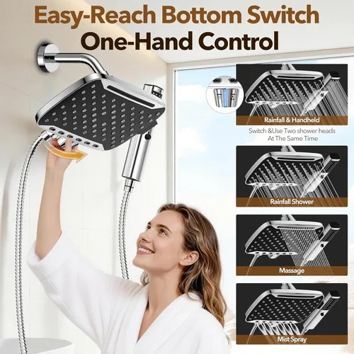 Vista 4 de JDO Cabezal de ducha de lluvia de alta presión con rociador de mano, combo de cabezal de ducha doble de 7 modos, cabezal de ducha de lluvia de 12