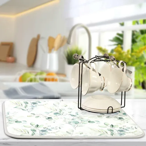 Vista 5 de Tapete de secado de platos con hojas verdes para encimera de cocina, planta de hierba, tapetes de secado blancos, super absorbentes, reversibles