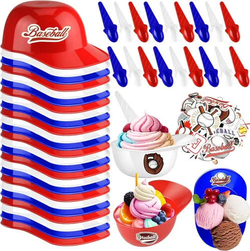 Vista 14 de MEEZY Juego de 16 cuencos de helado con diseño de casco de béisbol con 8 mini tazas de postre y 8 cucharas, 8 onzas. Cuencos reutilizables