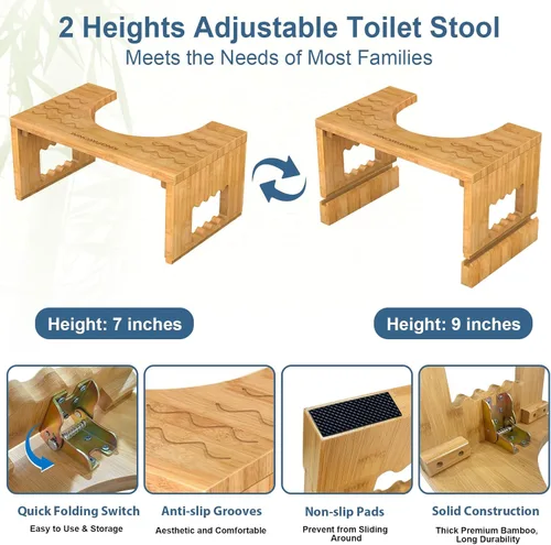Vista 3 de KingPavonini Taburete de inodoro de bambú en cuclillas, alturas ajustables de 7 pulgadas y 9 pulgadas, taburete plegable para caca para adultos