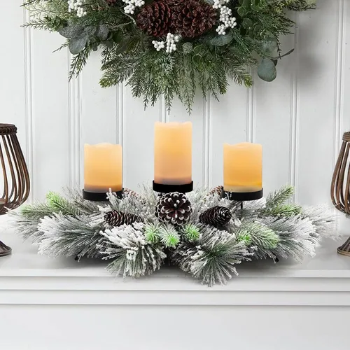 Vista 3 de Centros de mesa de Navidad, 27.5 pulgadas, diseñados con agujas de pino flocadas, piñas escarchadas para mesa de comedor y repisa de chimenea
