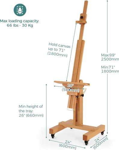 Vista 2 de VISWIN Caballete de estudio resistente, soporta lienzo de hasta 71 pulgadas, se inclina plano y móvil, soporte grande ajustable de madera de haya
