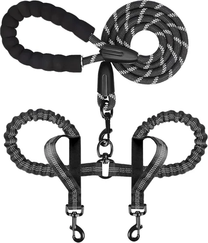 Correa doble para perro para dos perros, resistente ajustable sin enredos, correa elástica retráctil dividida múltiple para caminar a 2 perros, 5.5