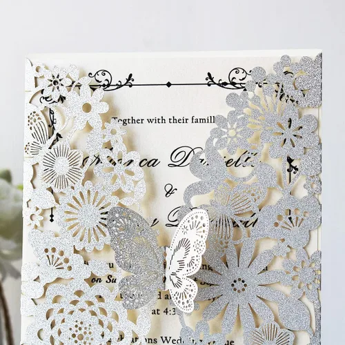 Vista 7 de Hosmsua 5.12 x 7.3 50 tarjetas de invitación personalizadas de mariposa cortadas con láser de mariposa de encaje hueco para invitaciones de boda