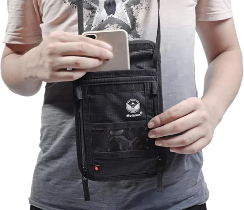 Vista 7 de RFID Bloqueo Stash Cuello Billetera, Pasaporte Titular Bolsa De Viaje Para Mujeres Hombres - Negro, Negro -, Cartera Rfid