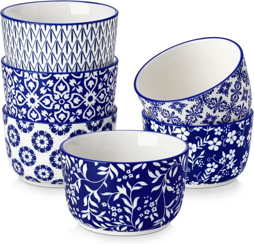Vista 15 de vancasso Selene - Juego de 6 mini ramequines de cerámica de 4 onzas, tazas para hornear aptas para horno para crème brûlée, soufflés, postres Azul
