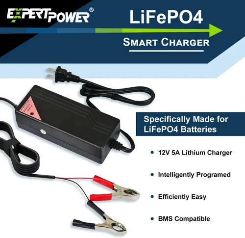 Vista 8 de ExpertPower Cargador inteligente de 12 V 1 A para baterías recargables de ciclo profundo LiFePO4 de litio DC 5521 macho y pinzas de cocodrilo