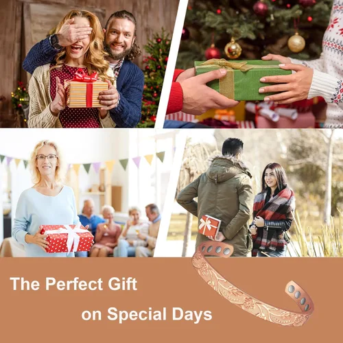 Vista 5 de Pulsera de cobre para mujer, 6.5 pulgadas, flor de cobre puro, ajustable, con imanes, regalo de joyería de cobre (1042)