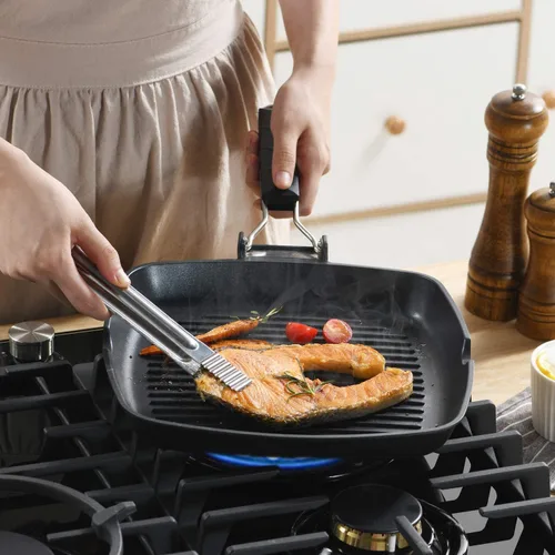 Vista 4 de S·KITCHN Sartén para parrilla con mango plegable, sartén antiadherente para estufas, sartén cuadrada compatible con inducción con boquillas