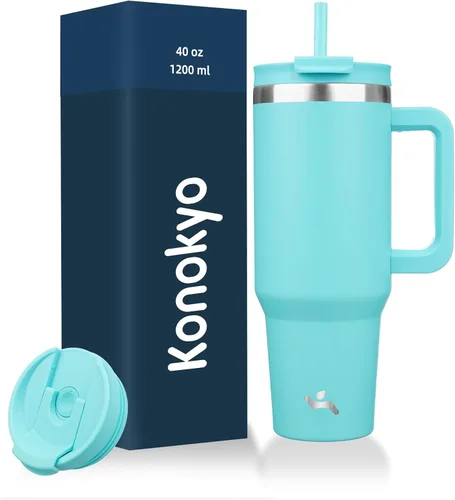 Vista 36 de Konokyo Vaso de 30 onzas con asa y 2 popotes, botella de agua aislada con tapa 2 en 1, taza de café de viaje de acero inoxidable, verde militar