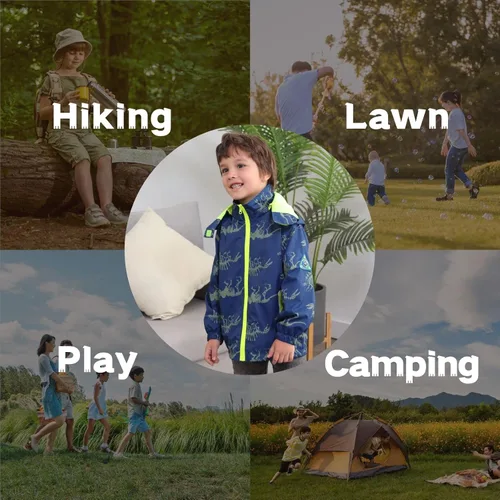 Vista 6 de IjnUhb Chaqueta impermeable de lluvia para niños, ligera, con cremallera, para niños, abrigo de dinosaurios, ropa exterior