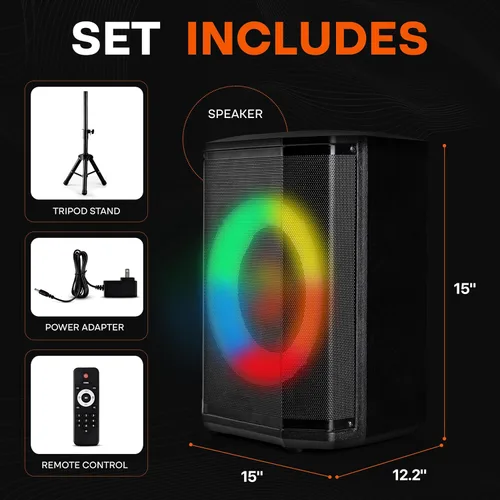 Vista 2 de Pyle Altavoz Bluetooth Portátil con Woofer de 8 Pulgadas, Función TWS, Entrada de Micrófono, USB/Micro SD/Radio FM, Luces de Anillo Coloridas, 120W