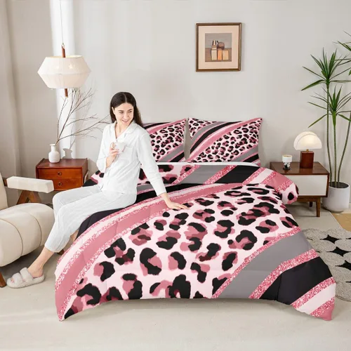 Vista 25 de Juego de edredón para niños con estampado de leopardo, tamaño Queen, juego de ropa de cama de moda de piel de guepardo abstracto, decoración