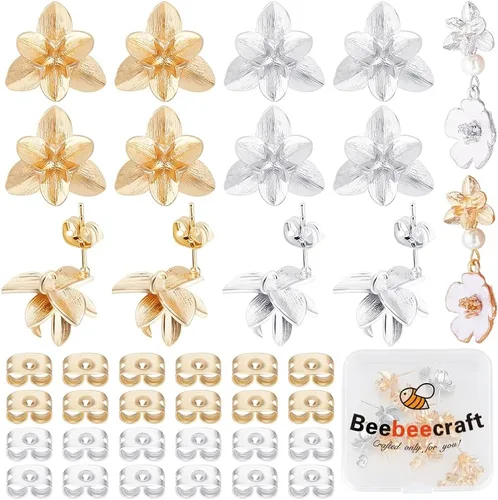 Vista 7 de Beebeecraft 1 caja de 14 piezas de aretes de flor chapados en oro de 18 quilates tridimensionales con lazo y parte trasera para hacer joyas