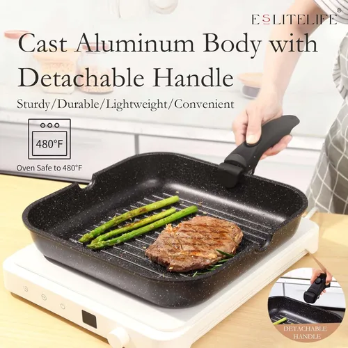 Vista 4 de ESLITE LIFE Sartén antiadherente con mango desmontable, versátil sartén cuadrada para cocinar en interiores y exteriores, libre de PFOA, negro, 11