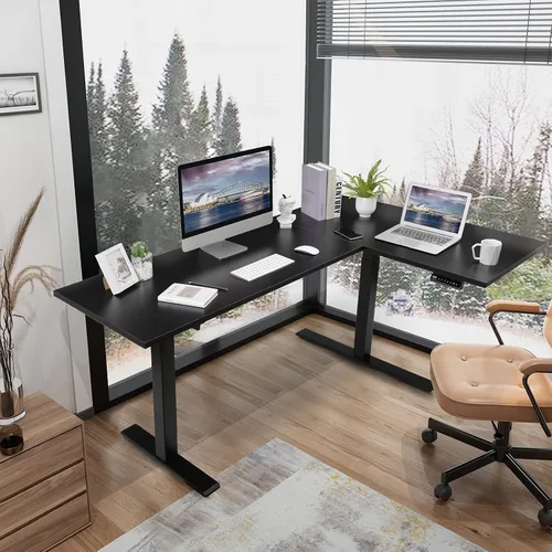 Vista 2 de FLEXISPOT Escritorio de esquina profesional con doble motor en forma de L, escritorio eléctrico de pie para sentarse de pie, escritorio de altura