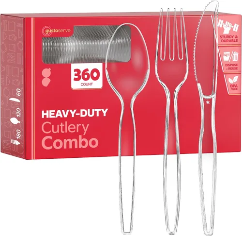 GUSTO [Paquete combinado de 360 unidades] cubiertos básicos de plástico transparente, utensilios desechables pesados, 180 tenedores, 120 cucharas y