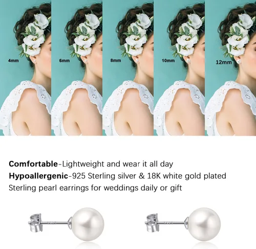 Vista 3 de Aretes de plata de ley chapados en oro blanco de 18 quilates con perlas de imitación para mujer, aretes de boda de perlas blancas, joyería