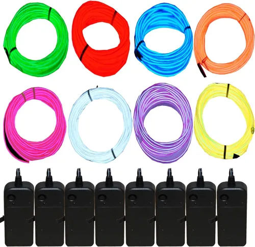 Cable electroluminiscente de luz de neón de 15 pies con batería (paquete de 8 unidades, azul, verde, rojo, blanco, naranja, morado, rosa, amarillo)