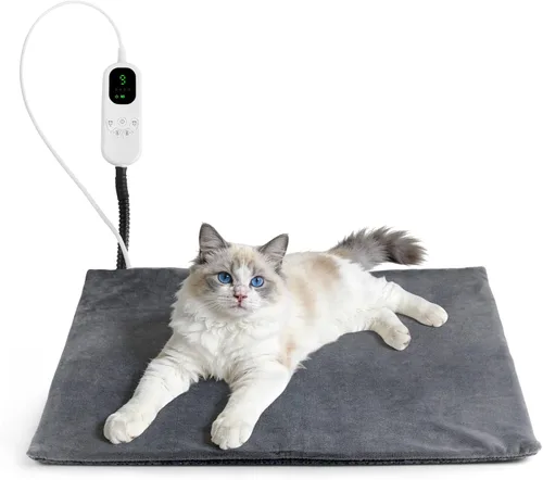 MECHEER Heated Cat Bed - 9 Adjustable Temperature Cat Heating Pad Indoor with Timer Options Chew-Resistant Cord Pet Heating Pad for Cats & Dogs