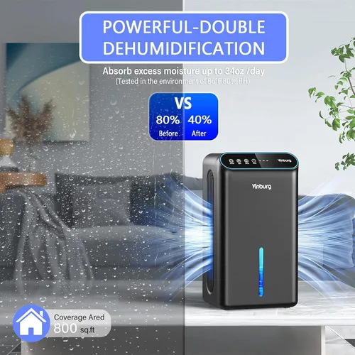 Vista 3 de Deshumidificador para sótano (85 onzas, 800 pies cuadrados), deshumidificadores silenciosos para el hogar, apagado automático, modo de sueño