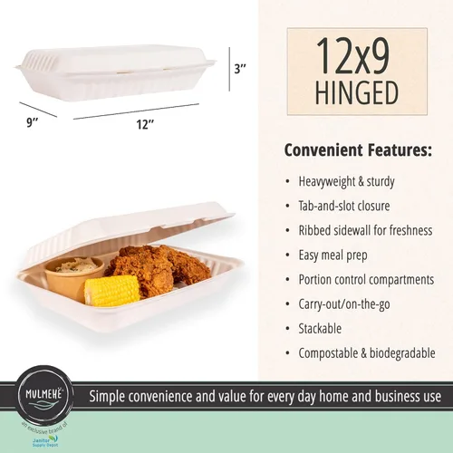 Vista 2 de MULMEHË Contenedores de comida para llevar con bisagras de bagazo de caña de azúcar, ecológico, 12 x 9 x 3, compartimento individual, marrón natural