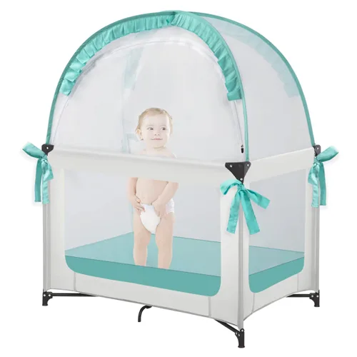 Vista 10 de L RUNNZER Tienda de campaña de seguridad para cuna, toldo desplegable para cuna para evitar que el bebé salga, mosquitera con marco resistente