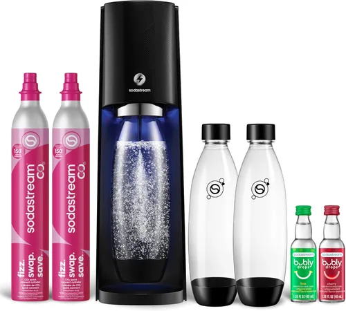 SodaStream - E-TERRA - Máquina de soda | PAQUETE DE VALOR | 3 niveles automáticos de carbonatación | Incluye 2 cilindros de CO2, 3 botellas aptas