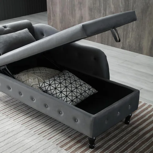 Vista 15 de Aoowow Banco de almacenamiento de terciopelo para dormitorio, extremo de la cama, sofá con brazo enrollado, tumbona para interiores con Gris