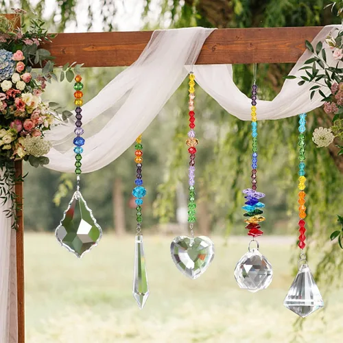 Vista 6 de JULMELON 8 piezas de cristales coloridos atrapasoles colgantes para ventana, colgantes de chakras de octogón arco iris, atrapasoles con cuentas