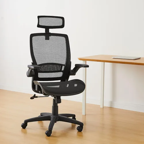 Vista 2 de Amazon Basics Silla ergonómica de escritorio con respaldo alto, cómodos reposabrazos abatibles, asiento de malla contorneada, giratorio, negro, 25.5