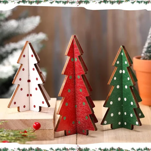 Vista 5 de 3 piezas de decoración de mesa de Navidad, decoración de árbol de Navidad, mesa de madera rústica, centro de mesa de Navidad de madera rústica