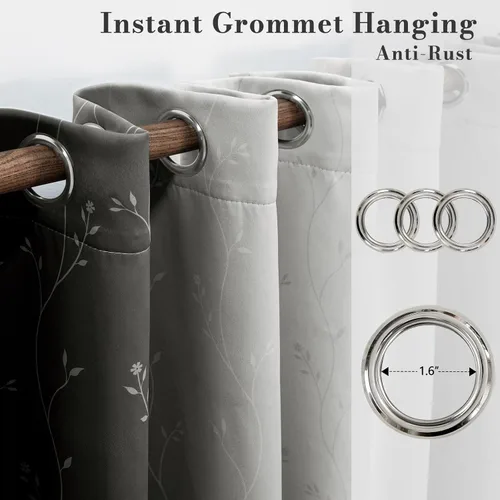 Vista 7 de ColorBird Cortinas Opacas de 84 Pulgadas de Largo, Juego de 2 Paneles Ombré Floral Negro y Blanco, Aislamiento Térmico, Tratamiento de Ventanas