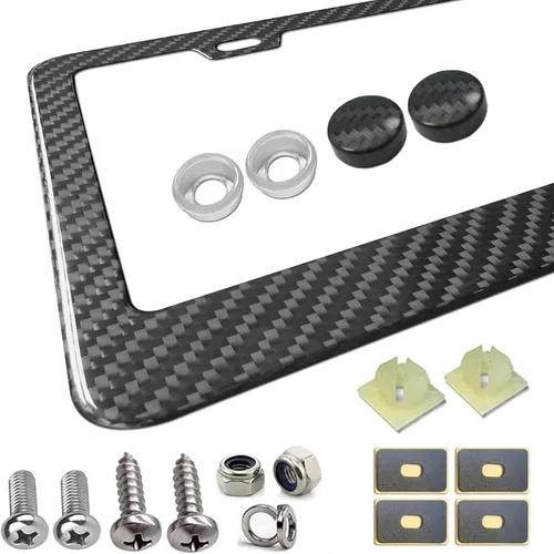 Vista 13 de Aootf Marco de matrícula de fibra de carbono, cubierta de placa de acero inoxidable hecha a mano, cubierta 100% fibra de carbono real, tornillos