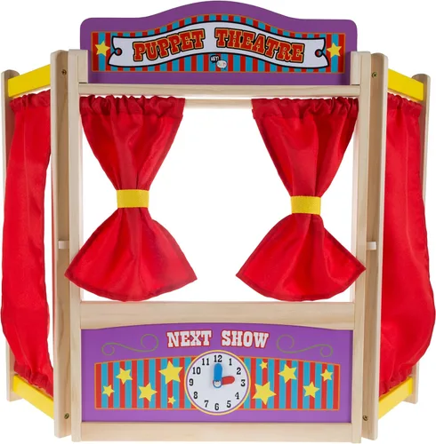 HEY! PLAY! Teatro de marionetas para niños, juguete de mesa de madera con cortinas, pizarra y reloj para inspirar imaginación y creatividad en niños