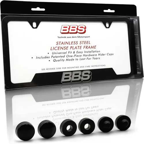 Juego de 1 marco para placa patentado BBS, acero inoxidable negro, cubierta para placa de automóvil, marco metálico para hombre, portaplacas