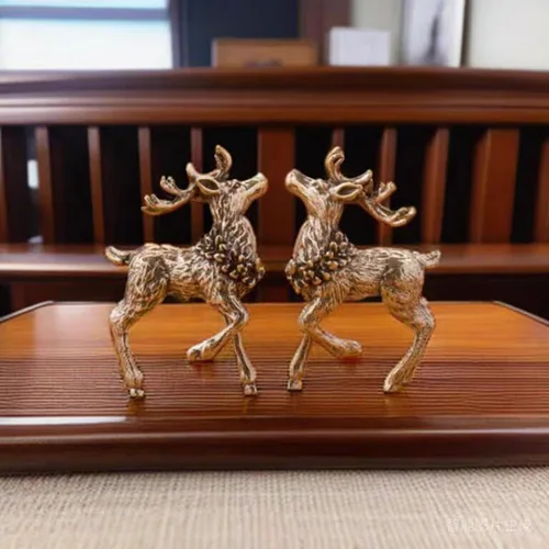 Vista 5 de Figuras de ciervo de latón navideño, mini estatua de latón macizo, 2 estatuas de ciervos en miniatura para decoración navideña