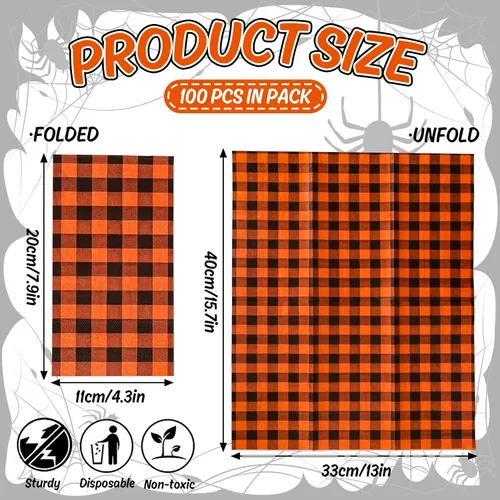 Vista 2 de AnyDesign Servilletas desechables de 100 hojas de Halloween para invitados de Halloween, servilletas de papel a cuadros naranja y negro, servilletas