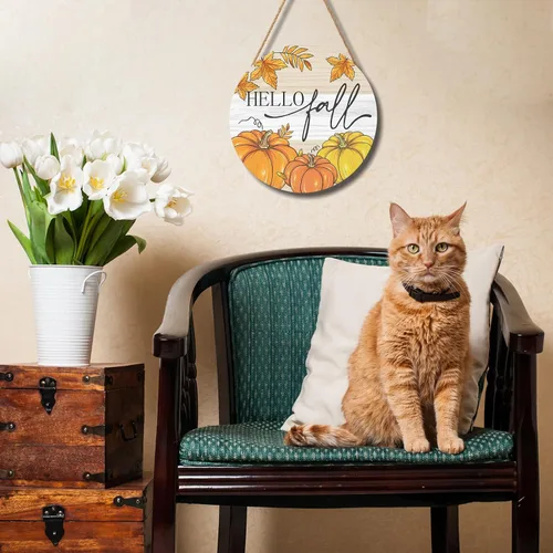 Vista 4 de Letrero de bienvenida con texto en inglés «Hello Fall» para puerta, de 12 x 12 pulgadas, decoración de puerta de otoño, letrero colgante redondo