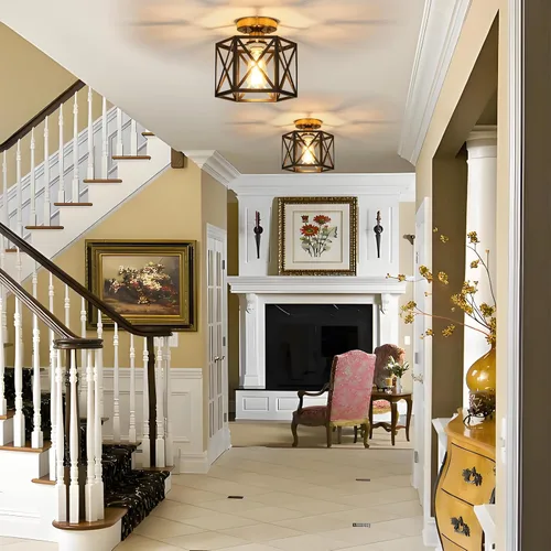 Vista 3 de Lámpara de Techo Moderna de Granja Negra y Dorada, Lámpara de Techo Industrial Semiempotrada, Accesorios de Iluminación Hexagonal para Pasillo