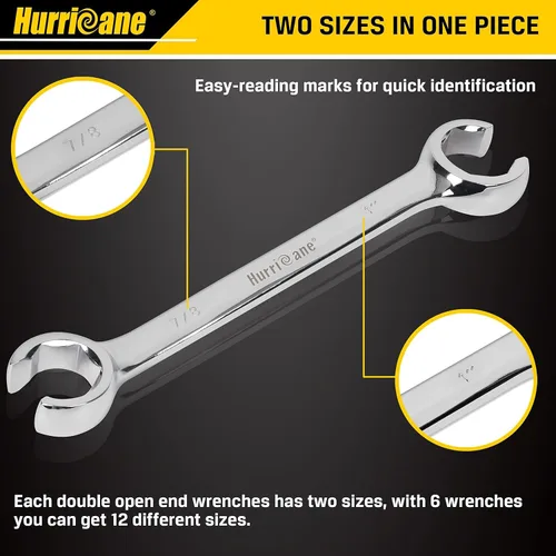 Vista 5 de HURRICANE Flare Nut Wrench Set, SAE 6 piece Brake Line Wrench Set, Size from 1/4 to 1 inch, 15 degree Offset Double Open End with Organizer Pouch